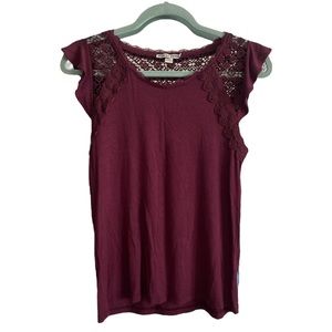 MORAL FIBER Ruffle Cap Sleeve Burgundy Top